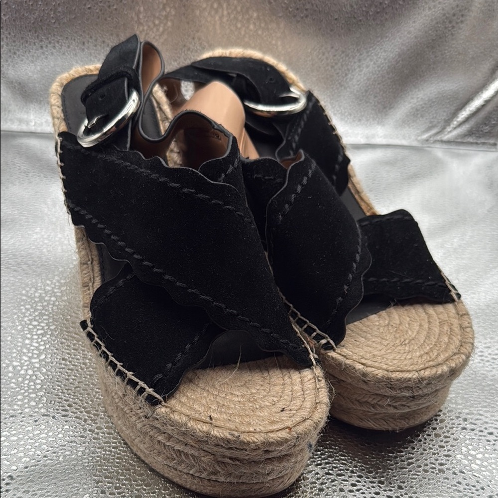 Black Espadrille Wedge Sandals with Ankle Strap